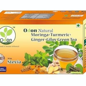 ODON NATURAL Moringa Turmeric Ginger Giloy Herbal Green Tea with Stevia | 25 Tea Bags | Natural Immunity Booster