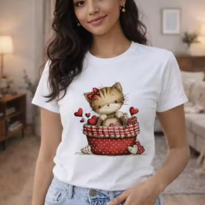Cute Kitten Basket Printed White Cotton T-Shirt for Women