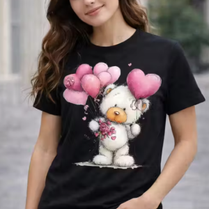 Women Black Cotton T-Shirt with Teddy Bear & Heart Balloons