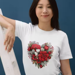 Women White Cotton Printed T-Shirt Floral Heart Design Casual Wear