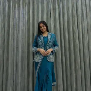 D 60 💙 Teal Blue Saree with Embroidered Jacket