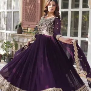 D 39 💜 Royal Purple Embroidered Anarkali Gown Set 💜