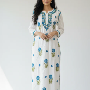 MAYA Blue Pure Chanderi Chikankari kurti