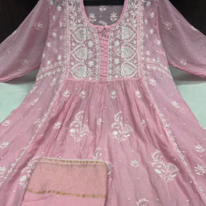 KALA Baby Pink Pure Mulmul Chikankari Pearl Gown Dupatta Set