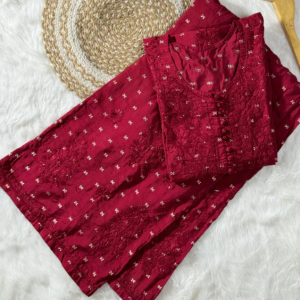 DISHI Red Pure Chanderi Silk Chikankari Kurta Palazzo Set