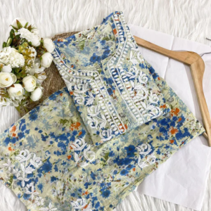 ISHANI Mulmul Cotton Printed Blue Chikankari Kurta Palazzo Set