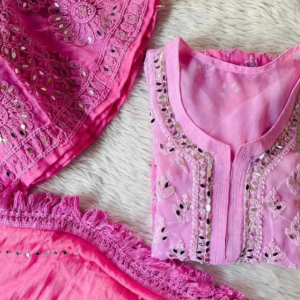 SAPNA Pink Mirror Work Chikankari Kurta Palazzo Dupatta Set