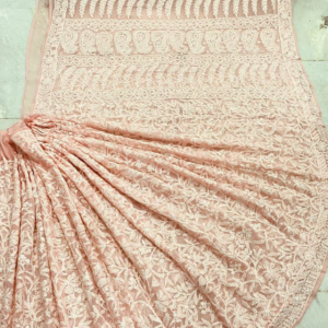ZIA Peach Chikankari Saree With Blouse