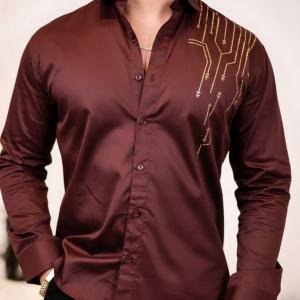 Foomer Men's Olive Green Sequin Satin Cotton Party Shirt in Regular Fit with Bold Shiny Embellishments for Club Wear, Evening Styling