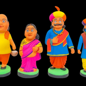 Indian Pure Mitti Clay Dolls Set of 4 – Maharashtrian Traditional Family | Handmade Golu Dolls for Navratri Golu Bommai & Home Temple Decor