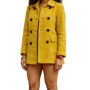 Women's Double-Breasted Wool Peacoat in Yellow, Classic Winter Outerwear with Black Buttons, Fashion Statement Coat