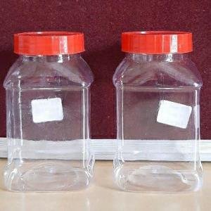 Square Plastic Storage Jars, 300ml, Transparent with Red Lid, Pack of 2