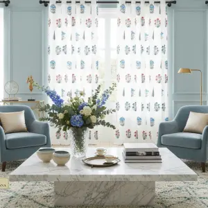 Traditional Indian Block Print Curtains – Red & Blue Flowers with Grey Leaves /Pure Cotton Drapes