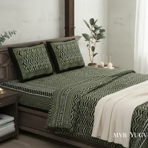 Traditional Sanganeri Zigzag Design Cotton Bed Sheet (90" X 108")