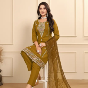 PickCell Roman Silk Embroidery Work Kurti Set (With Top, Bottom & Pakistani Organza Dupatta Work)