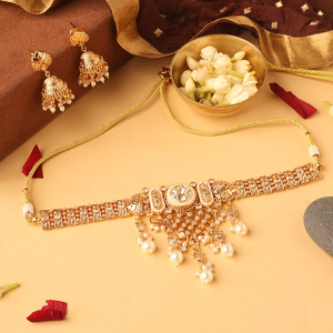 Gold-Plated Kundan And Pearl Choker Necklace Set With Matching Earrings