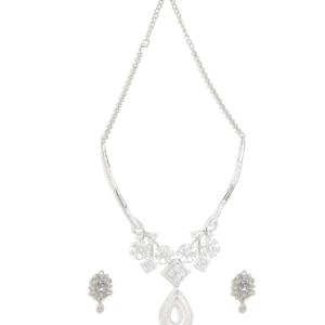 Silver American Diamond Collar Bone Necklace Set With Matching Earrings
