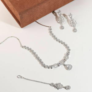 Plated Cubic Zirconia Studded Teardrop & Halo Design Luxe Statement Necklace Set in Silver Tone for Women