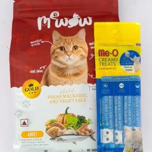 MeWow Fresh Fish & Vegetable Cat Food + Me-O Creamy Treats Salmon Flavor Combo