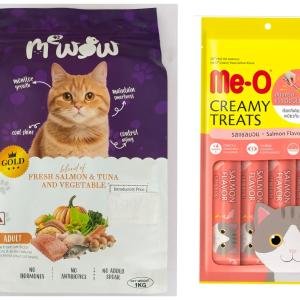 MeWow Fresh Fish & Vegetable Cat Food + Me-O Creamy Treats Salmon Flavor Combo