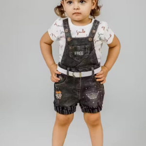 Bublee Dublee Kids Black Denim Dungree with Hosiery Printed Top Half Sleeves Adjustable Straps & Button Closures