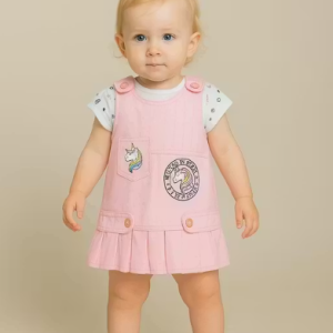 Bublee Dublee Kids Pink Denim Dungaree with Hosiery Printed Top Sleeve Less Adjustable