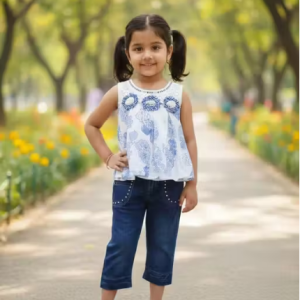 Bublee Dublee Girls  Denim Capri Pant with Printed Chiffon Top | Sleeveless Stylish Kids Outfit Set for Summer