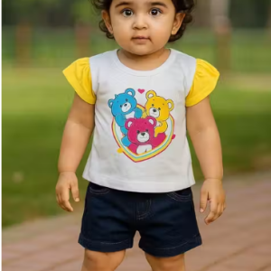 Kid Girls Top & Shorts Round Neck Printed Design For Party Or Casual Wear