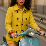 Women's Double-Breasted Wool Peacoat in Yellow, Classic Winter Outerwear with Black Buttons, Fashion Statement Coat