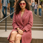 Elegant Women's Oversized Wool Blend Blazer Coat, Rose Pink, Long Sleeve, Single Gold Button, Formal Business Wear only s Size