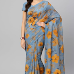 Elegant Floral Print Saree, Light Blue with Orange Flowers, ट्रेडिशनल silk saree Drape, Casual Wear