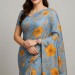 Elegant Floral Print Saree, Light Blue with Orange Flowers, ट्रेडिशनल silk saree Drape, Casual Wear