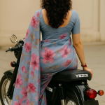 Elegant Floral Print silk Saree, Grey Blue with Pink Flowers, Casual Wear Traditional Indian Drape