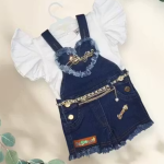 Stylish Baby Girls Denim Dungaree Set with White Puff Sleeve Top