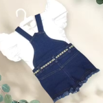 Stylish Baby Girls Denim Dungaree Set with White Puff Sleeve Top