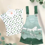 Girls Light Green Heart Printed Half Sleeve Cotton Top With Stylish Denim Dungaree Gallis set