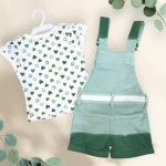 Girls Light Green Heart Printed Half Sleeve Cotton Top With Stylish Denim Dungaree Gallis set