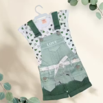 Girls Light Green Heart Printed Half Sleeve Cotton Top With Stylish Denim Dungaree Gallis set