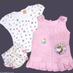 Bublee Dublee Kids Pink Denim Dungaree with Hosiery Printed Top Sleeve Less Adjustable