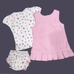 Bublee Dublee Kids Pink Denim Dungaree with Hosiery Printed Top Sleeve Less Adjustable