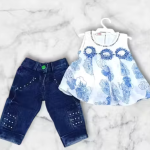 Bublee Dublee Girls  Denim Capri Pant with Printed Chiffon Top | Sleeveless Stylish Kids Outfit Set for Summer