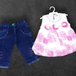 Bublee Dublee Girls  Denim Capri Pant with Printed Chiffon Top | Sleeveless Stylish Kids Outfit Set for Summer