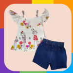 Bublee Dublee Stylish Girls Outfit Multicolour Ruffle Sleeve Top with Blue Denim Jeans