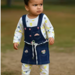 Bublee Dublee Girls Stylish Printed Top & Pant With Denim Dungaree Set