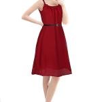 Elegant Sleeveless Chiffon A-Line Dress with Belt – Red
