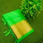 Elegant Handcrafted Green Maslin Organza Saree with Golden Zari Border & Matching Blouse Piece – Free Size