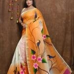 Sunset Canopy” Kerala Cotton Saree – Hand‑Painted Birds & Blossom on White‑to‑Orange Ombre, with Magenta & Gold Borders