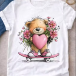 Women White Cotton Printed T-Shirt Cute Teddy Bear Skateboard Heart Design Casual Wear