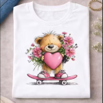 Women White Cotton Printed T-Shirt Cute Teddy Bear Skateboard Heart Design Casual Wear
