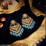 Premium Quality Kundan & Blue Beaded Ethnic Chand Bali Earrings